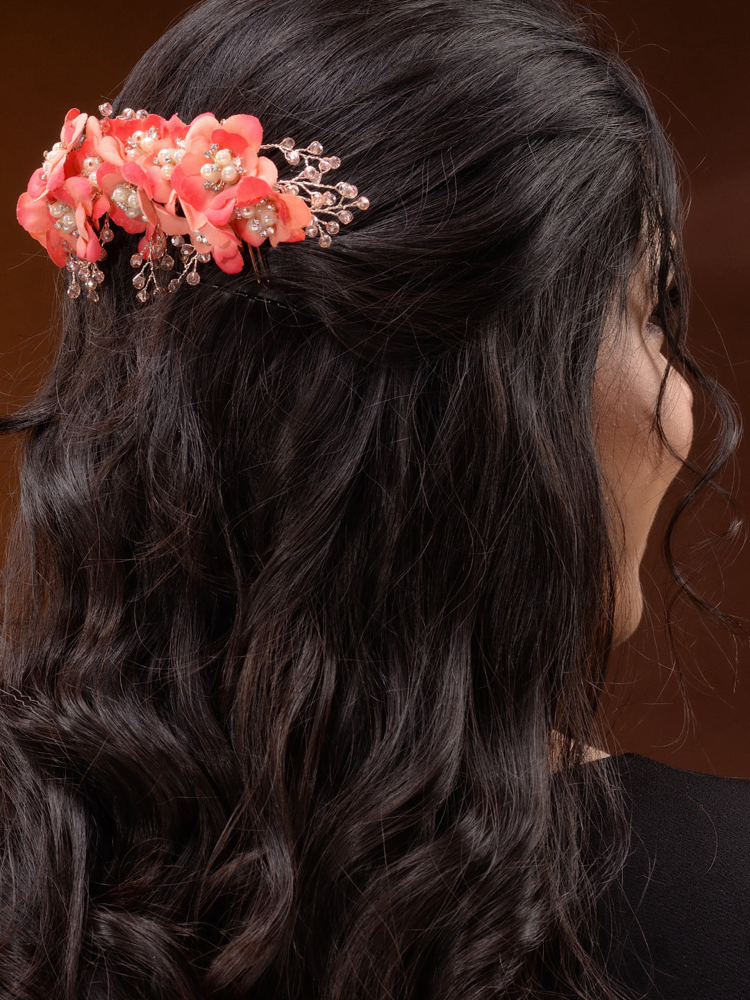 Peach Flowers Pearls & Crystal Embellished Bridal Hair Tiara, zaveri pearls, sale price rs, sale price, sale gold plated, sale gold, sale, rubans, ring, regular price, priyassi jewellery, kus